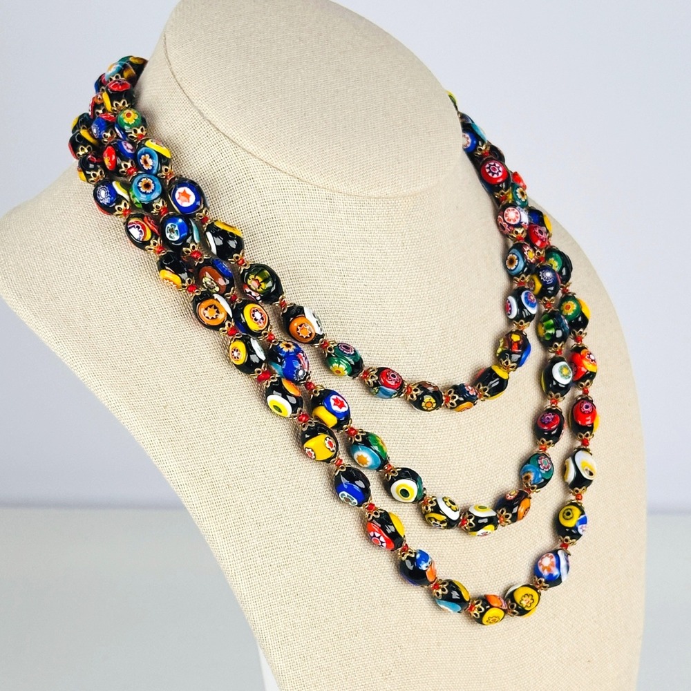 RARE 55" Vintage 60s Venetian Millefiori Murano Multi-Color Glass Beads Necklace